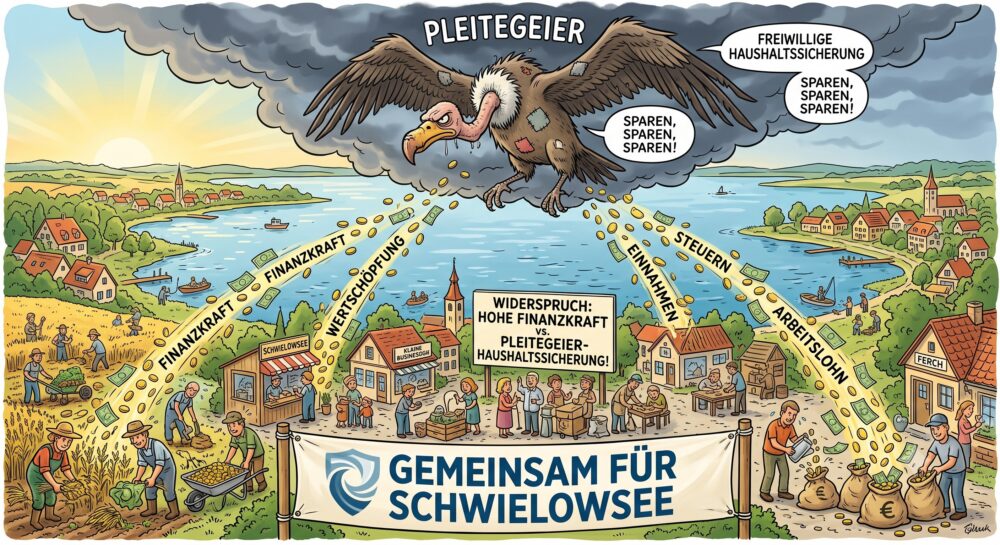 Bild zeigt einen Pleitegeier über Schwielowsee über fleißig arbeitende Bürger